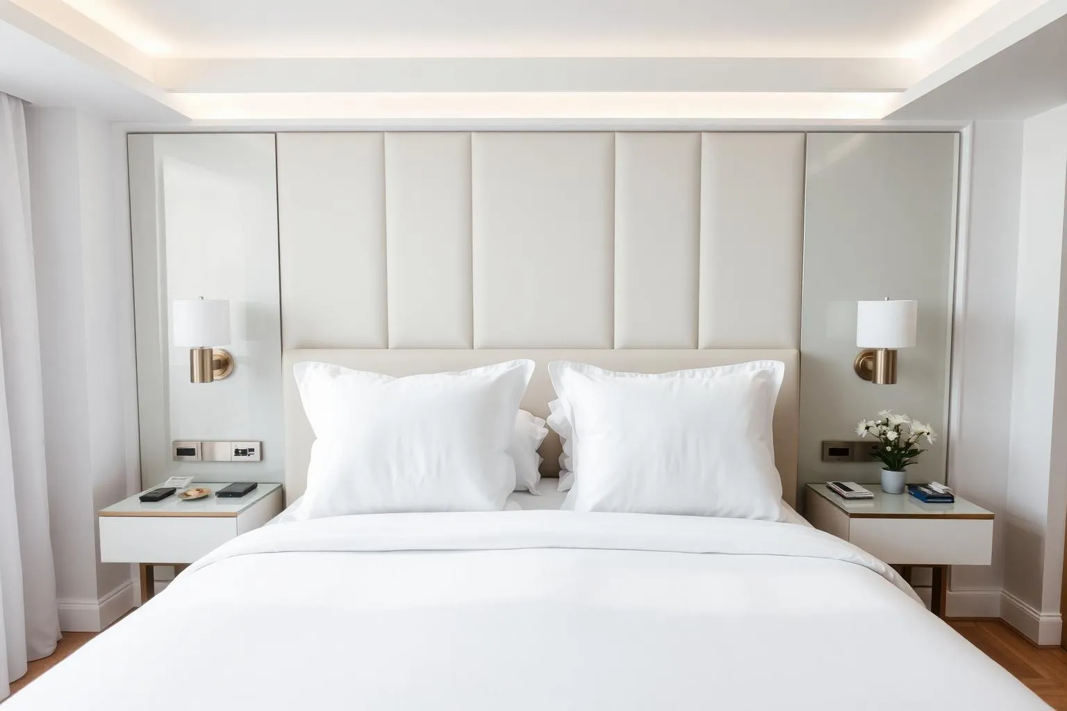Luxury white BioCare pillows on a premium hotel bed